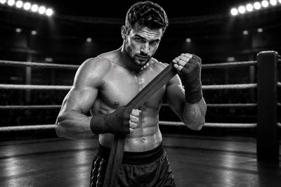 Ein Boxer in einem Boxring welcher sich Handbandagen wickelt