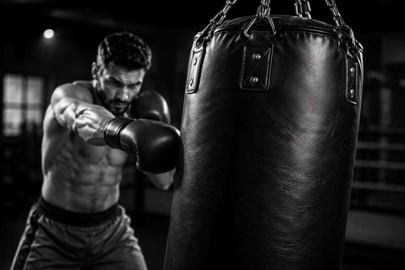 Ein Sportler der an einem Boxsack trainiert