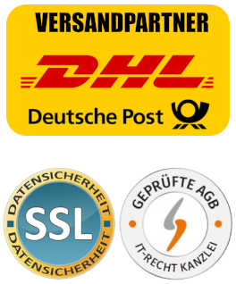 Bild mit DHL Logo und 2 runden Logos mit SSL Hinweis und von IT-Recht