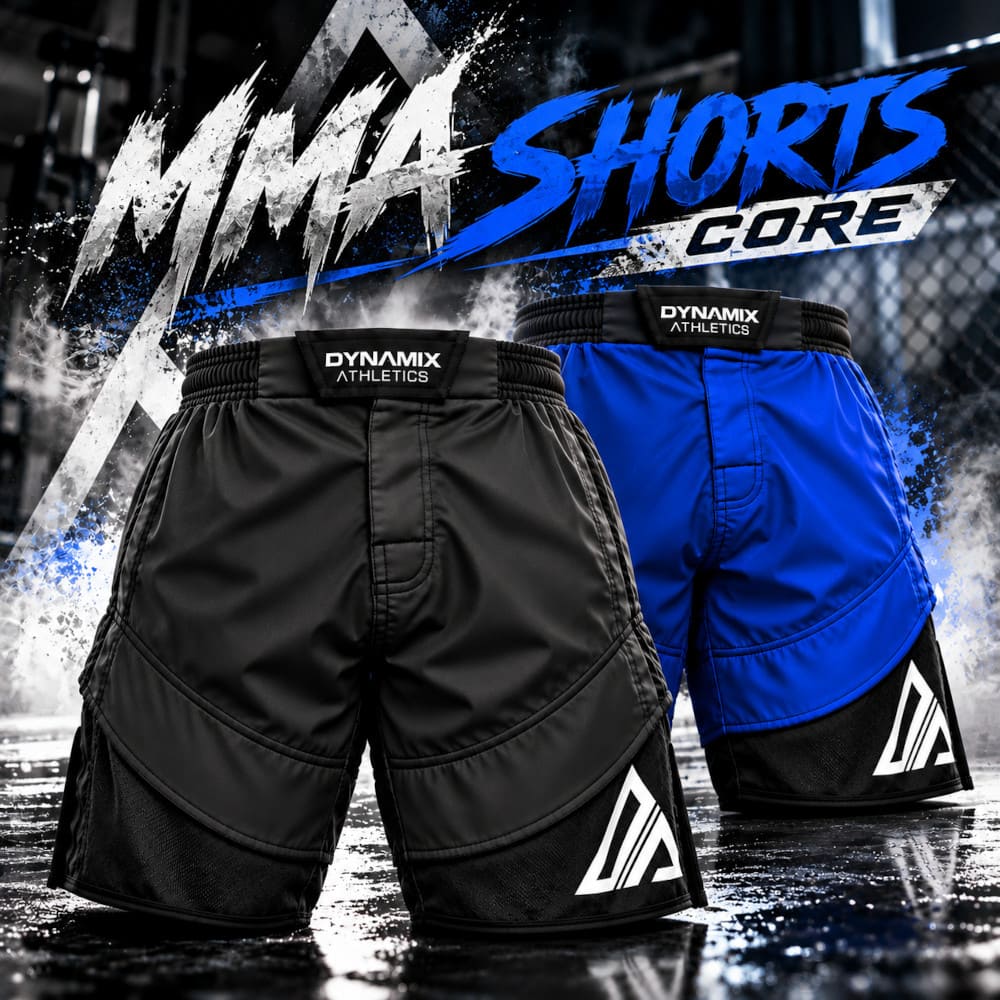 Banner mit 2 MMA Shorts von Dynamix Athletics, eine schwarze und eine blau-schwarze MMA Shorts