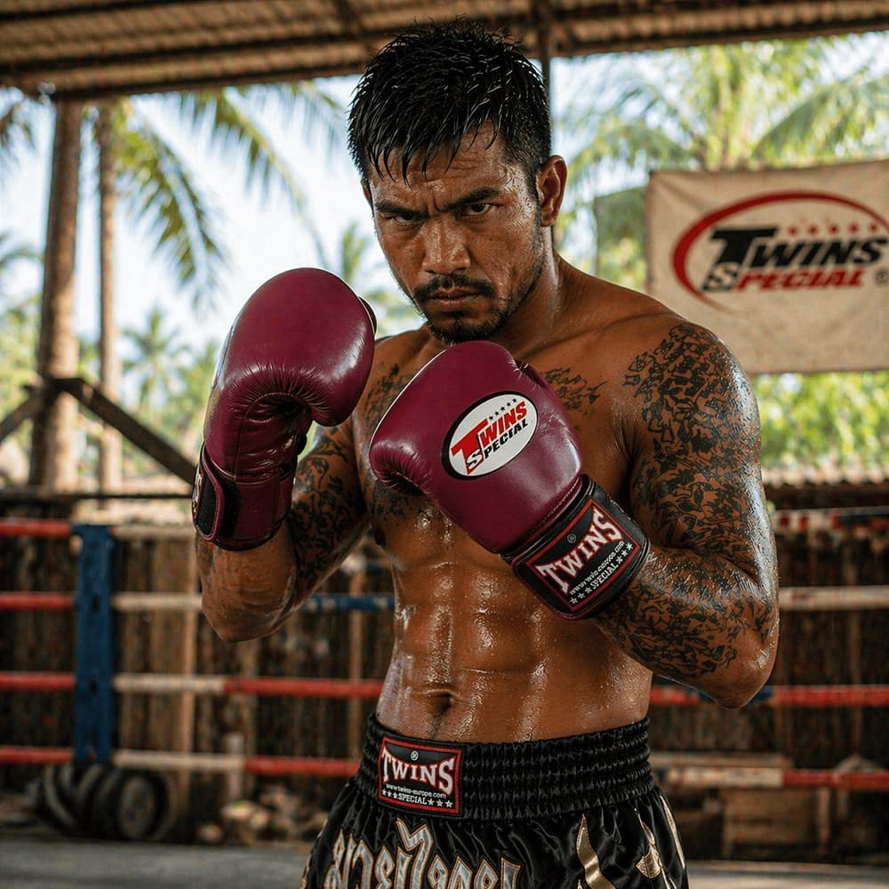 Kampfsport Shop Banner mit einem Muay Thai Kämpfer mit Boxhandschuhen