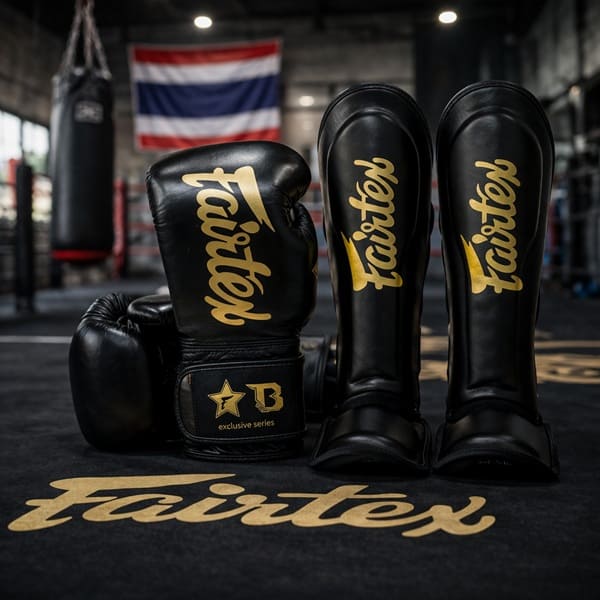 Bild mit einem paar Boxhandschuhe und einem paar Schienbeinschoner in schwarz und gold von Fairtex X Booster