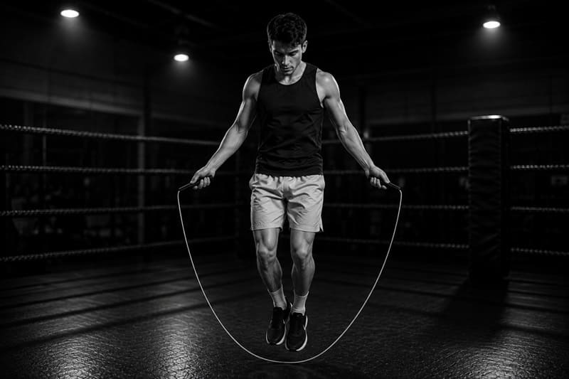 Ein Sportler der mit einem Springseil in einem Boxring trainiert