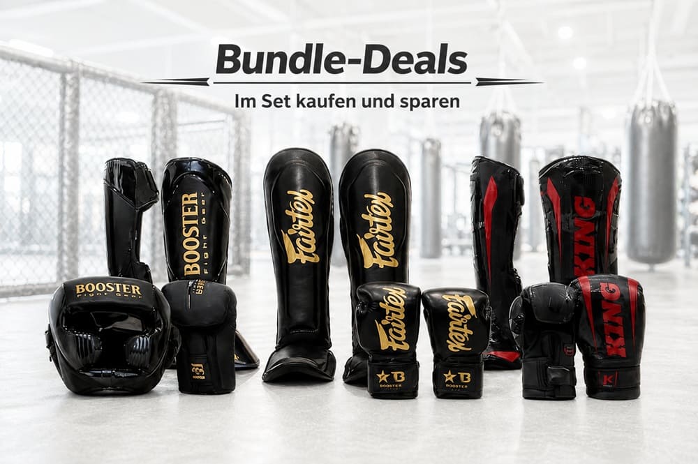 Bild mit 3 Kampfsport Sets mit Boxhandschuhen und Schienbeinschonern und der Überschrift Bundle Deals