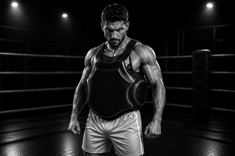 Ein Sportler der einen Oberkörperschutz für den Kampfsport trägt