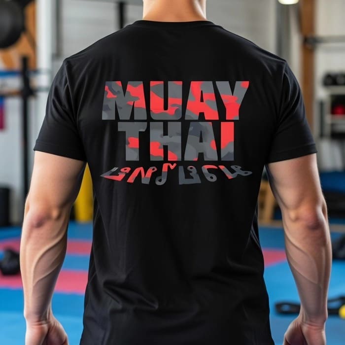 Bild mit einem schwarzen Kampfsport T-Shirt mit Aufdruck Muay Thai