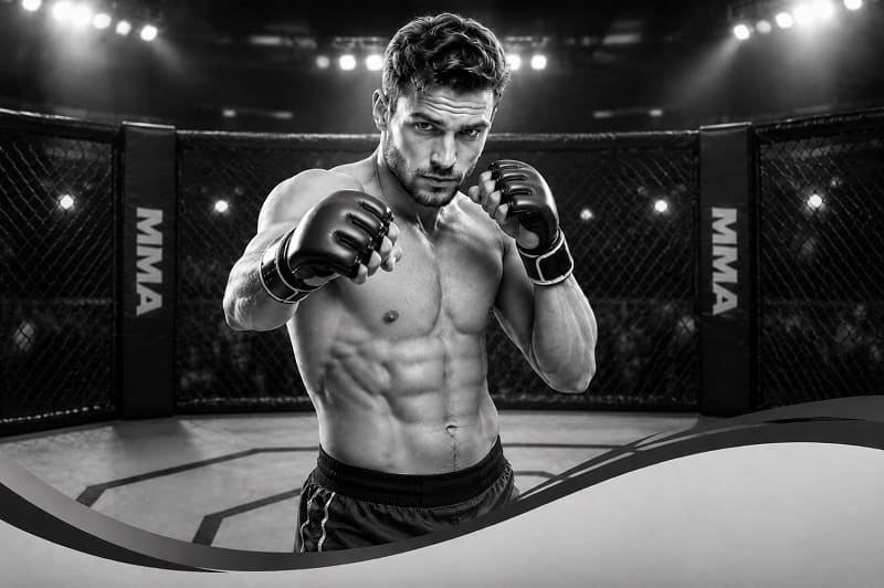 Ein Mann mit MMA Handschuhen in einem MMA Cage