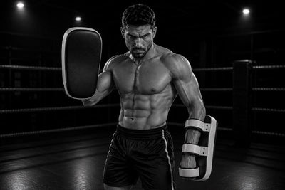 Ein Kampfsporlter der 1 paar Muay Thai Pratzen hält