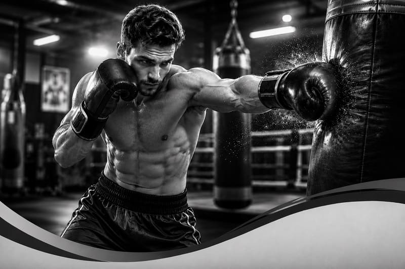 Ein Boxer der mit Sandsack Handschuhen an einem Boxsack trainiert