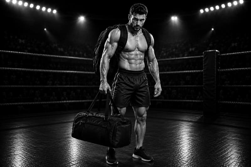 Bild mit einem Sportler der eine Sporttasche und einen Rucksack trägt